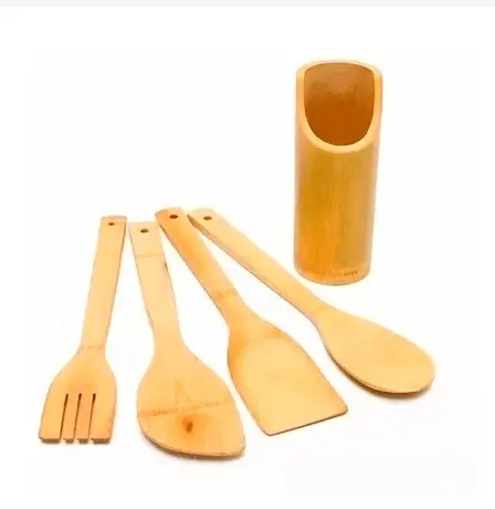 utensilios de cozinha de bambu com suporte